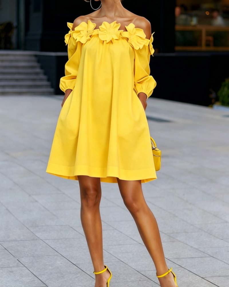 Rhoda™ Vestido sin hombros con apliques florales